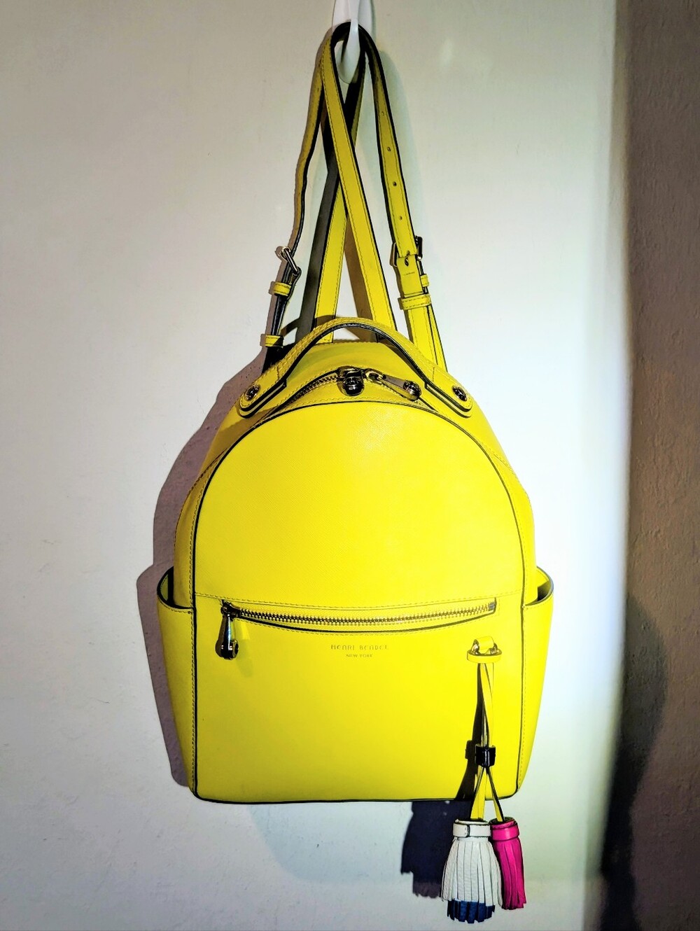 Henri Bendel Yellow Leather Convertible Backpack with Tassel Charm Excellent!